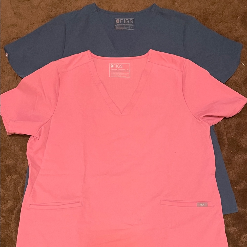 Figs Womens XL V-Neck Tops - Teal and Pink Technical Collection Set of 2